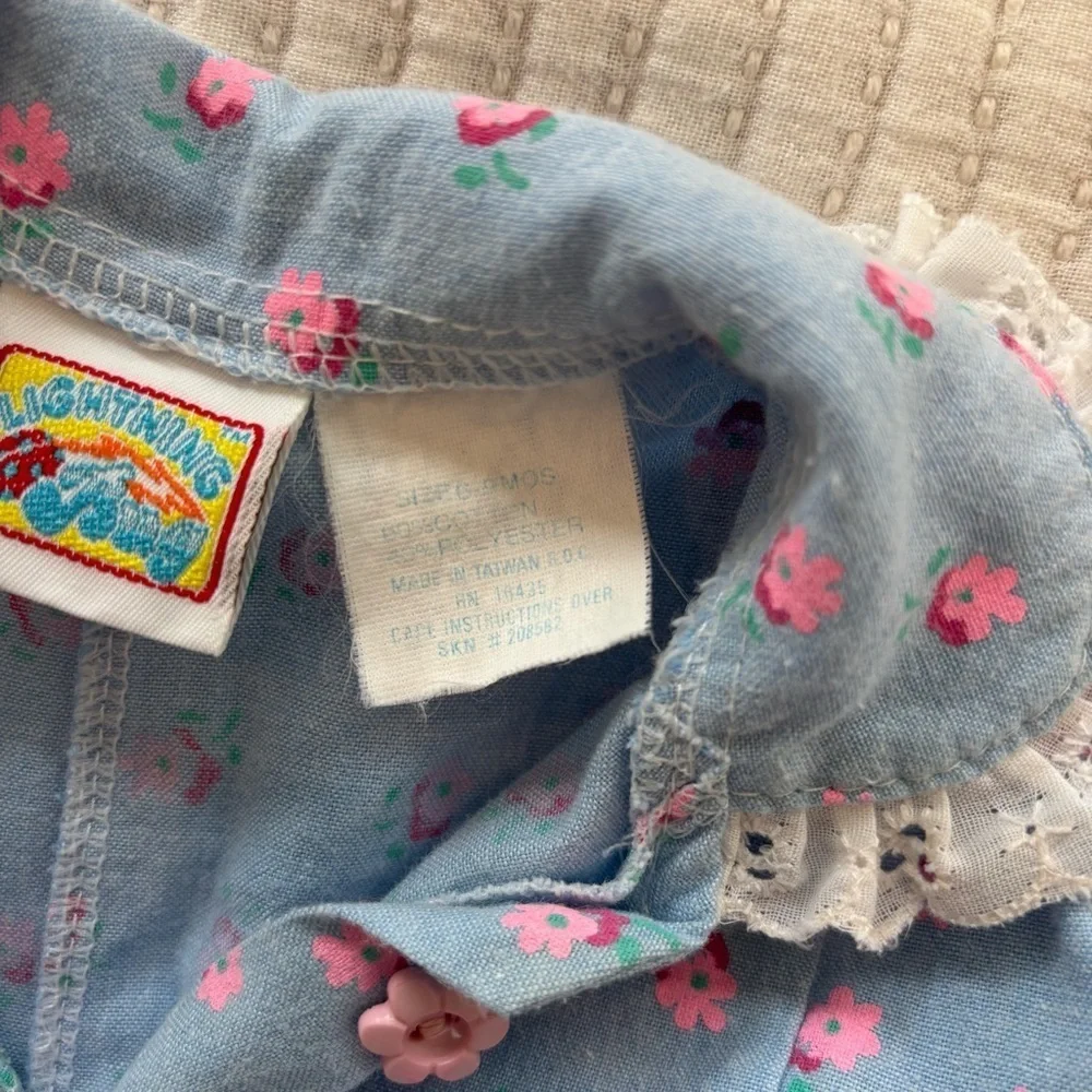 Vintage 80's Lightning Bug Baby Blue Dainty Floral Ruffle Girls Romper 6-9 month
